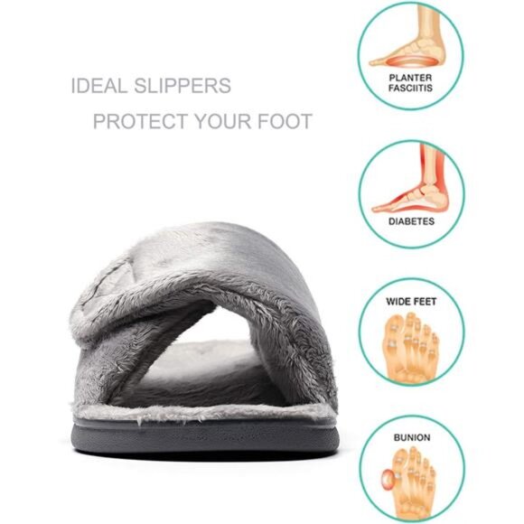 Women's Plantar Fasciitis Fuzzy House Orthopedic Adjustable Slippers With Arch - Picture 3 of 14